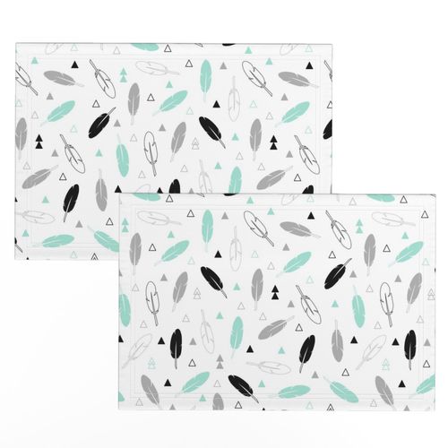 Feathers - Mint Gray and Black on White Tribal