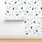 Feathers - Mint Gray and Black on White Tribal