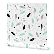 Feathers - Mint Gray and Black on White Tribal