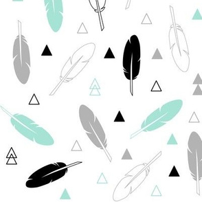 Feathers - Mint Gray and Black on White Tribal