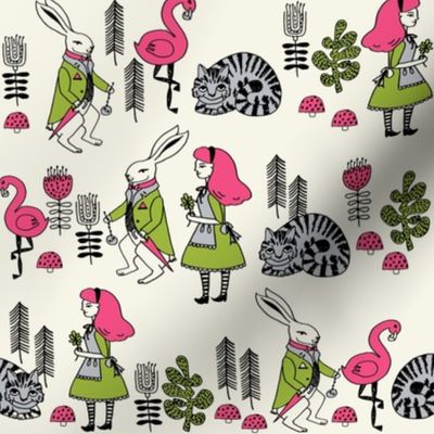 alice and white rabbit // fairy tale cheshire cat mad hatter kids girls illustration fabric print pattern