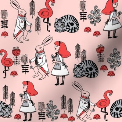 alice and white rabbit // cheshire cat flamingo alice in wonderland fairy tale illustration print