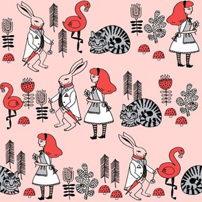 alice and white rabbit // cheshire cat flamingo alice in wonderland fairy tale illustration print