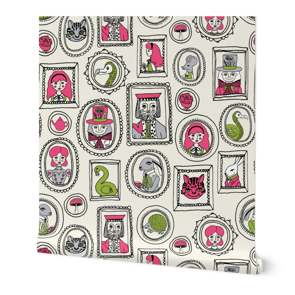 wonderland portraits // alice fairy tale and march hare and queen of hearts and cat fairy tale fabric illustration pattern
