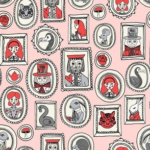 wonderland portraits // pink red fairytale fabric and mad hatter and alice in wonderland and cat hand drawn illustration pattern print for girls