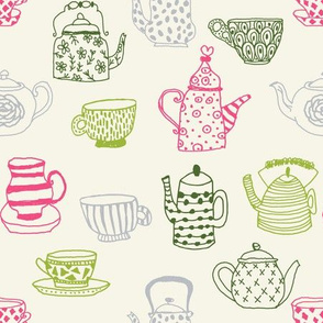 tea cups tea party // pink and green fairy tale alice in wonderland tea british illustration pattern andrea lauren fabric andrea lauren design