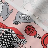 alice in wonderland // pink grey red and mad hatter fairy tale theme illustration pattern for kids design print pattern