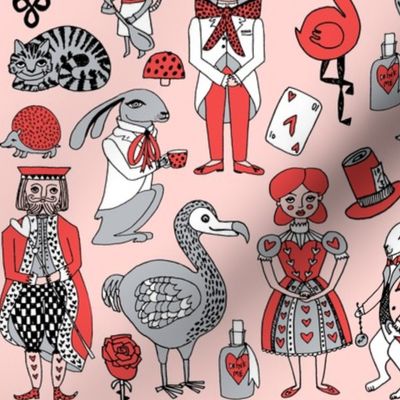 alice in wonderland // pink grey red and mad hatter fairy tale theme illustration pattern for kids design print pattern