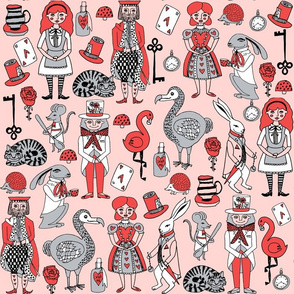 alice in wonderland // pink grey red and mad hatter fairy tale theme illustration pattern for kids design print pattern