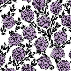 rose // purple flowers floral spring rose linocut block print traditional illustration print