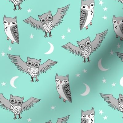 owl // bright mint owl moon stars mint and grey kids room 