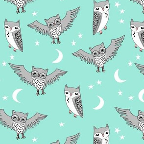 owl // bright mint owl moon stars mint and grey kids room 