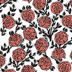 rose // linocut william morris inspired roses block print coral summer spring rose valentines flowers