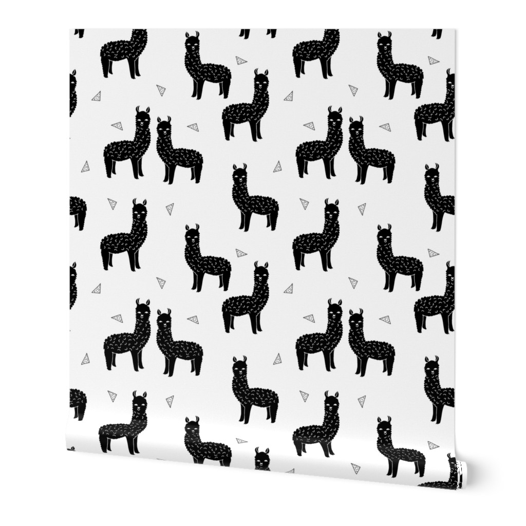 alpaca // black and white kids nursery baby llamas triangles 