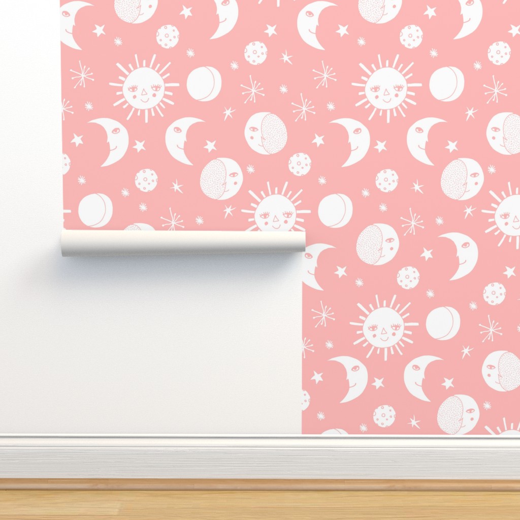 sun moon stars // pink kids room pastel Wallpaper | Spoonflower