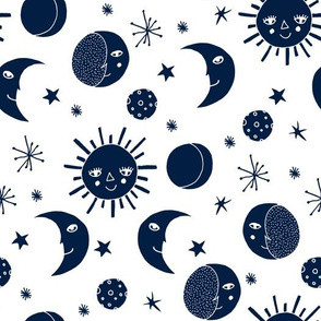 sun moon stars // navy blue white kids room boys constellation kids print