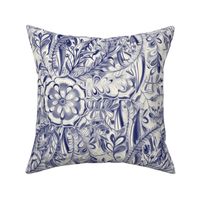 Boho Flower Burst in Indigo Navy Blue and Cream