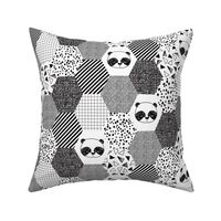 panda hexagon quilt // black and white hexagon cheater quilt for trendy black and white baby nursery