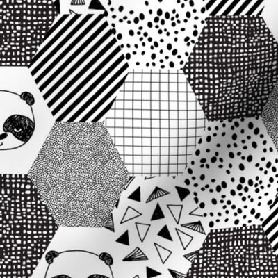 panda hexagon quilt // black and white hexagon cheater quilt for trendy black and white baby nursery