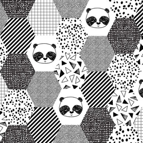 panda hexagon quilt // black and white hexagon cheater quilt for trendy black and white baby nursery