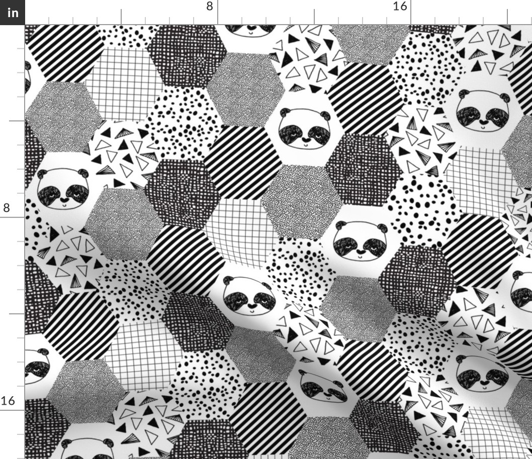 panda hexagon quilt // black and white hexagon cheater quilt for trendy black and white baby nursery