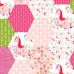 Unicorn Hexagon Quilt // cute hexagon pastel spring girly pink and green flower florals 