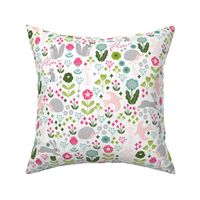 woodland spring // pink and green kids nursery baby girl flowers fox rabbits