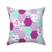 Horses Hexagon Quilt // Purple and Mint cute girly quilt featuring horses, cactus and floral prints