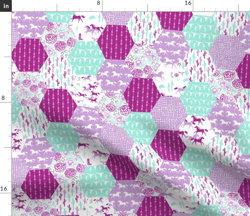 Horses Hexagon Quilt // Purple and Mint cute girly quilt featuring horses, cactus and floral prints