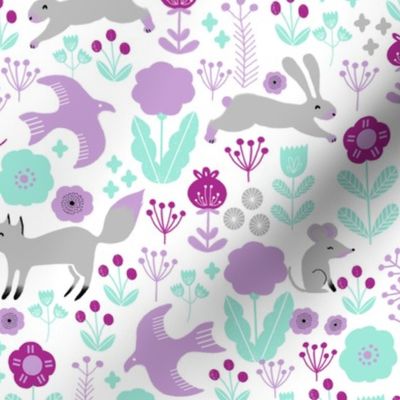 spring // purples  flowers, rabbit fox birds woodland nursery lilac purple pastel cute little girls baby girl nursery print