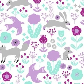 spring // purples  flowers, rabbit fox birds woodland nursery lilac purple pastel cute little girls baby girl nursery print
