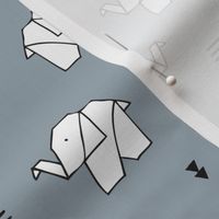 Cute origami japanese jungle animals elephant paper art illustration for kids geometric style design ice blue gray
