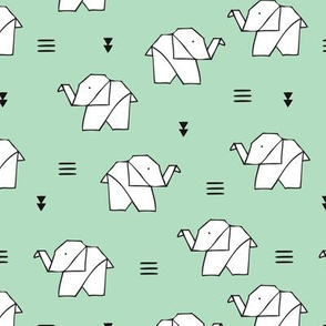 Cute origami japanese jungle animals elephant paper art illustration for kids geometric style design mint green