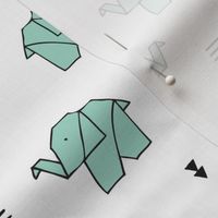 Cute origami japanese jungle animals elephant paper art illustration for kids geometric style design mint green