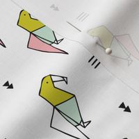 Cute origami japanese parrot bird paper art illustration for kids geometric style design green blue pastel pink