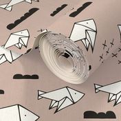 Cute origami japanese fish paper art illustration for kids geometric style design black white and gender neutral beige