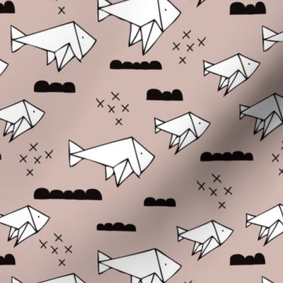 Cute origami japanese fish paper art illustration for kids geometric style design black white and gender neutral beige