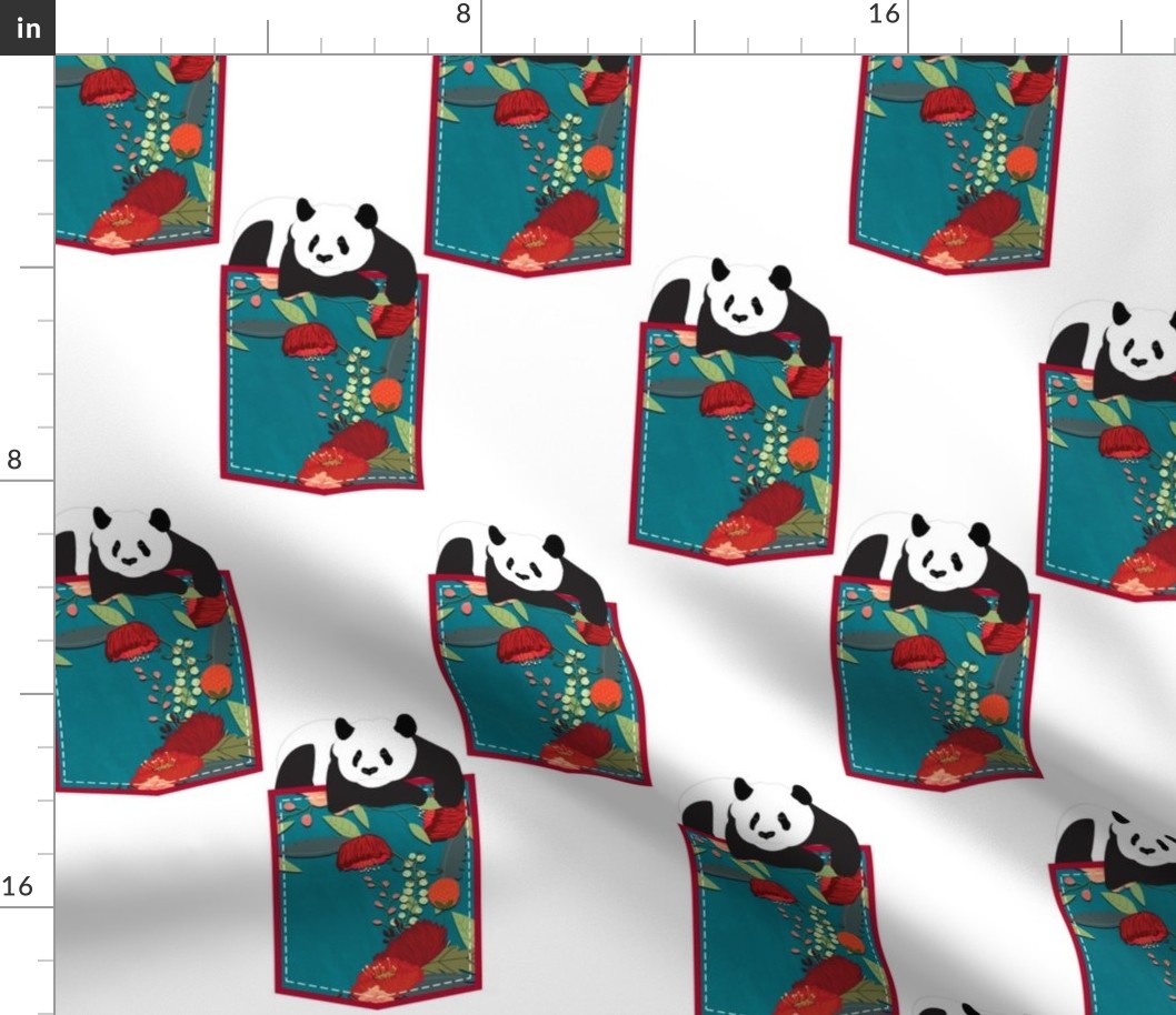 Panda in a Pocket with Red Flowers