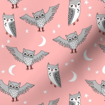 owl // pink sun moon stars kids sweet little girls illustration pattern for print