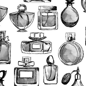 perfume // watercolor greyscale vintage perfume bottles vintage beauty fabric fashion illustration design 