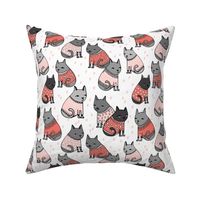 cats in sweaters // light pink and coral fashion print for cat ladies in repeating pattern