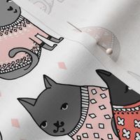 cats in sweaters // light pink and coral fashion print for cat ladies in repeating pattern