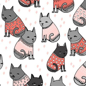 cats in sweaters // light pink and coral fashion print for cat ladies in repeating pattern