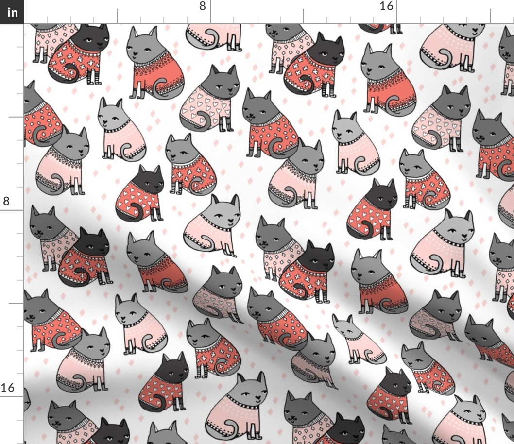 cats in sweaters // light pink and coral fashion print for cat ladies in repeating pattern