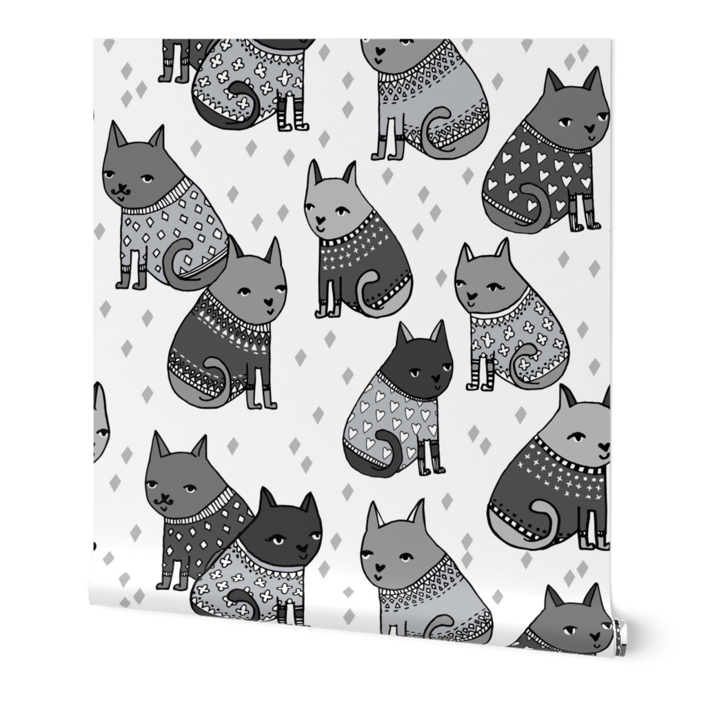 cats in sweaters // greyscale fashion print for girly prints textiles