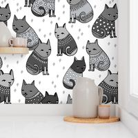 cats in sweaters // greyscale fashion print for girly prints textiles