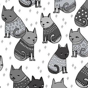 cats in sweaters // greyscale fashion print for girly prints textiles