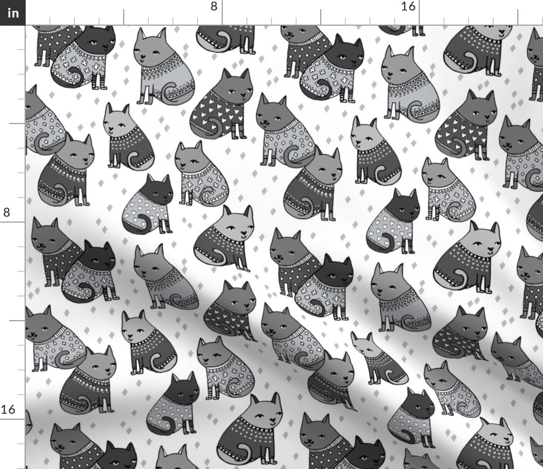 cats in sweaters // greyscale fashion print for girly prints textiles