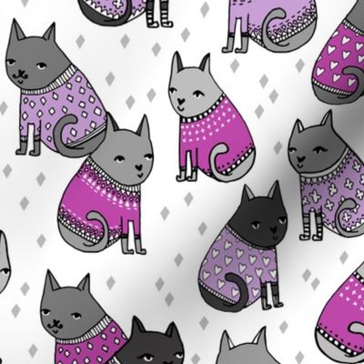 cats in sweaters // purple heart and love sweaters for sweet little girly prints and cat lady valentines day design