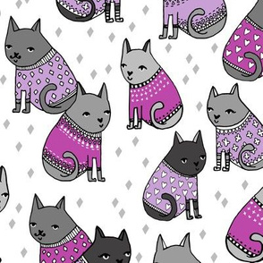 cats in sweaters // purple heart and love sweaters for sweet little girly prints and cat lady valentines day design